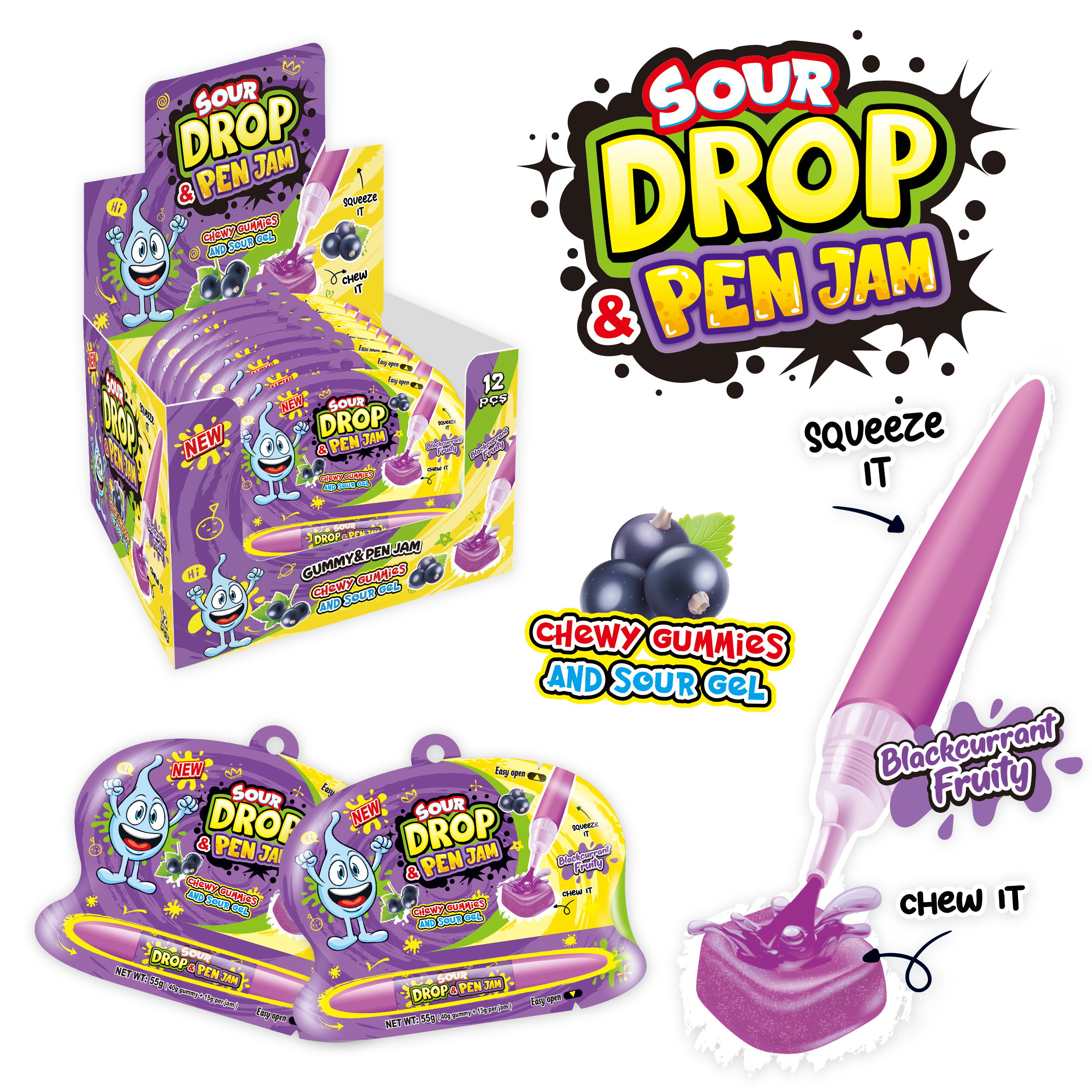 Жидкая карамель-гель + мармелад Blackcurrant Sour drop pen jam 12*12*55г