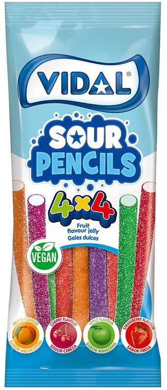 VIDAL Мармелад STIXI 90г 4Х4 Карандаш 4вкуса/4цвета (SоurPencils) 14шт VEGAN