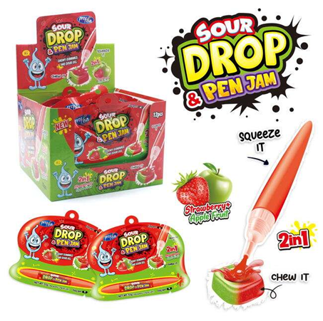 Жидкая карамель-гель + мармелад 55г 2in1 Sour drop pen jam&Gummy Stick Strawberry+Apple 12*12