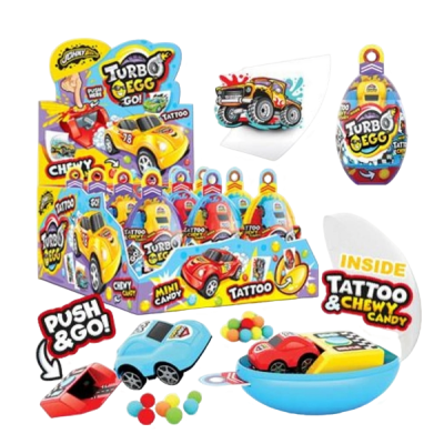 Игрушка с жев. конфетами Машинка в пластиковом яйце + тату (Turbo Egg) 12шт, Johny Bee