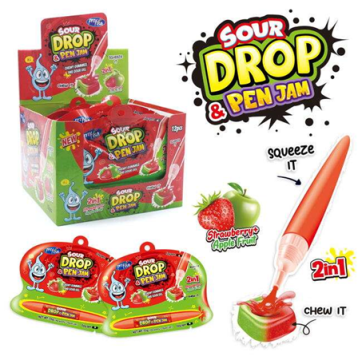 Жидкая карамель-гель + мармелад 55г 2in1 Sour drop pen jam&Gummy Stick Strawberry+Apple 12*12